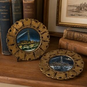 Vintage Brass Souvenir Plates Blackpool Tower Night Scene Set of 2 Filigree Edge